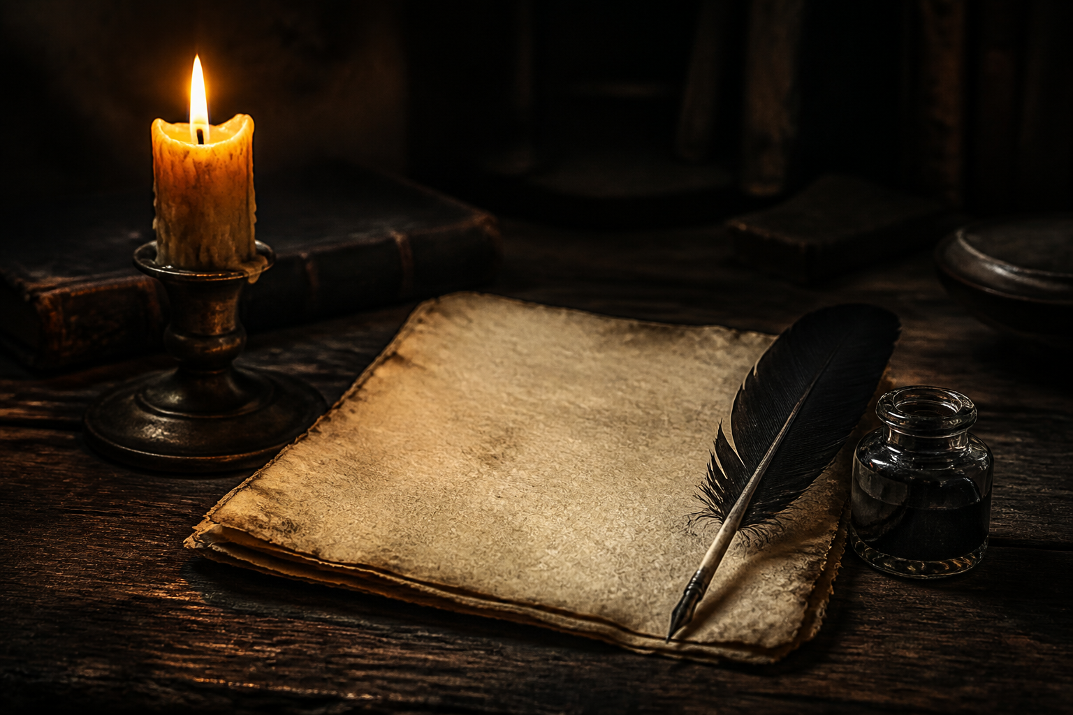Parchment, quill, ink, and a lit candle